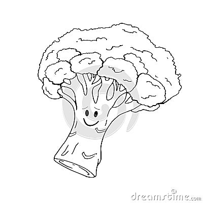 Cute smiling broccoli black and white drawing Vector Illustration